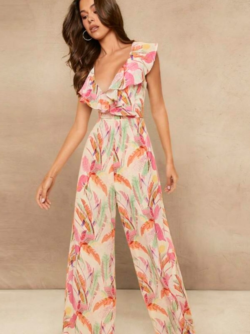 SHEIN Pink Multi Ruffle V-Neck Wide-Leg Floral Lace up Back Jumpsuit Feminine